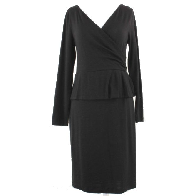 Talbots Sz S Black Faux Wrap Ruffle Waist V Neck Wool Blend Knit Dress