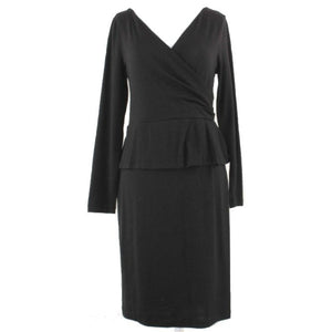 Talbots Sz S Black Faux Wrap Ruffle Waist V Neck Wool Blend Knit Dress