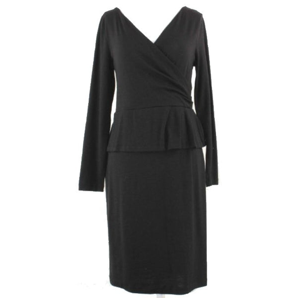 Talbots Sz S Black Faux Wrap Ruffle Waist V Neck Wool Blend Knit Dress
