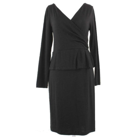 Talbots Sz S Black Faux Wrap Ruffle Waist V Neck Wool Blend Knit Dress