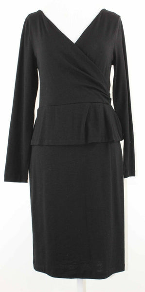 Talbots Sz S Black Faux Wrap Ruffle Waist V Neck Wool Blend Knit Dress