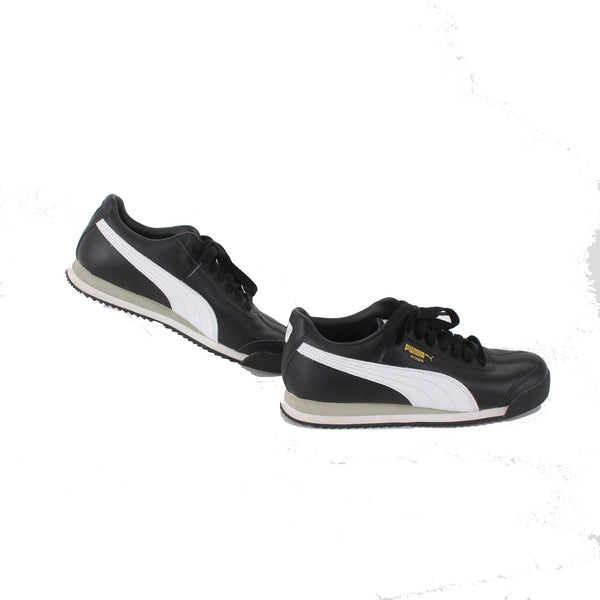 Puma Sneakers Roma Sz 9.5 Black White Gold Logo Lace Up Leather Sneakers