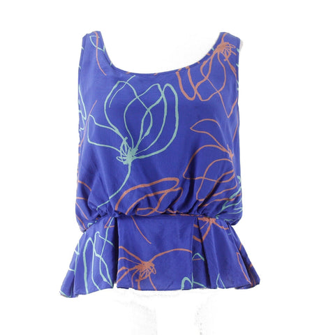Sariah Sz 6 Royal Blue Multi Lined Back Buttons Peplum Silk Polyester Top