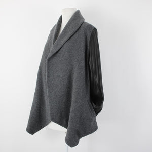 Theory Sz L Gray Black Leather Sleeves Virgin Wool Nylon Cashmere Wrap Sweater
