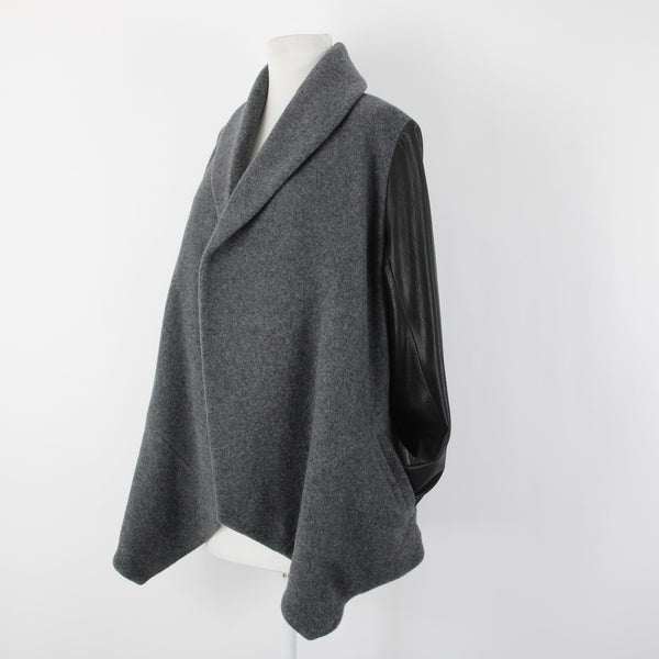Theory Sz L Gray Black Leather Sleeves Virgin Wool Nylon Cashmere Wrap Sweater