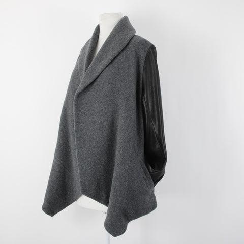 Theory Sz L Gray Black Leather Sleeves Virgin Wool Nylon Cashmere Wrap Sweater