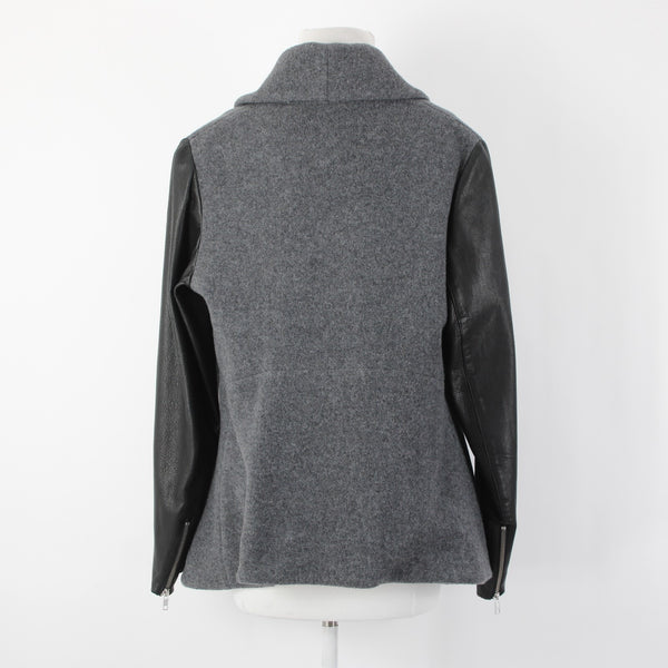 Theory Sz L Gray Black Leather Sleeves Virgin Wool Nylon Cashmere Wrap Sweater