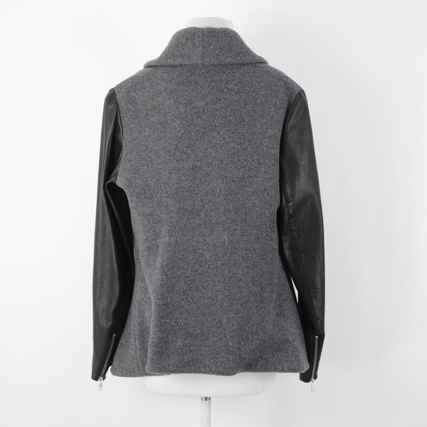 Theory Sz L Gray Black Leather Sleeves Virgin Wool Nylon Cashmere Wrap Sweater