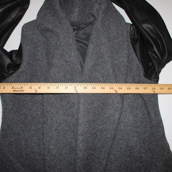 Theory Sz L Gray Black Leather Sleeves Virgin Wool Nylon Cashmere Wrap Sweater