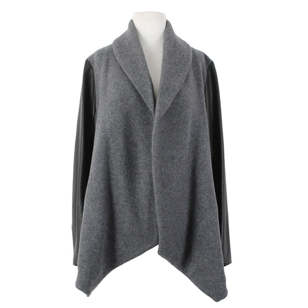 Theory Sz L Gray Black Leather Sleeves Virgin Wool Nylon Cashmere Wrap Sweater