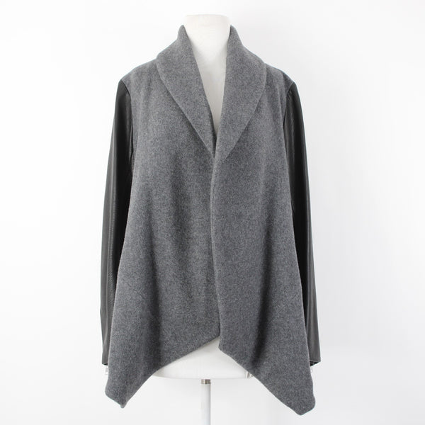 Theory Sz L Gray Black Leather Sleeves Virgin Wool Nylon Cashmere Wrap Sweater