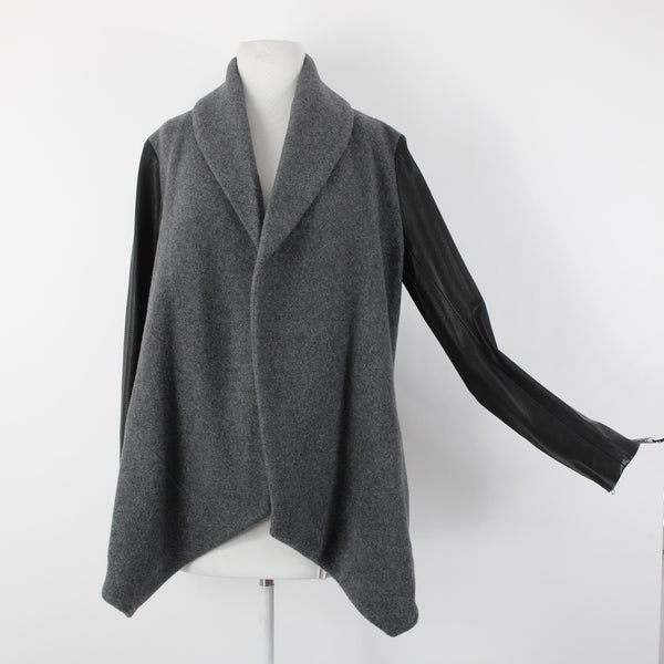 Theory Sz L Gray Black Leather Sleeves Virgin Wool Nylon Cashmere Wrap Sweater