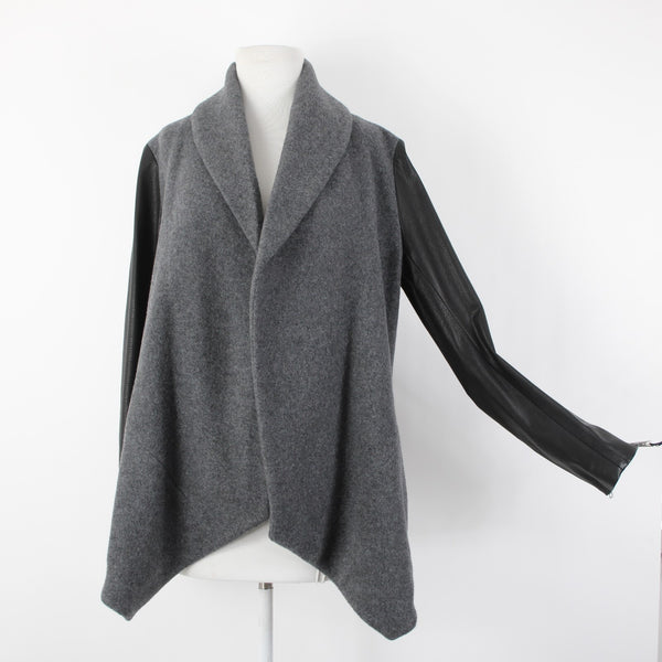 Theory Sz L Gray Black Leather Sleeves Virgin Wool Nylon Cashmere Wrap Sweater