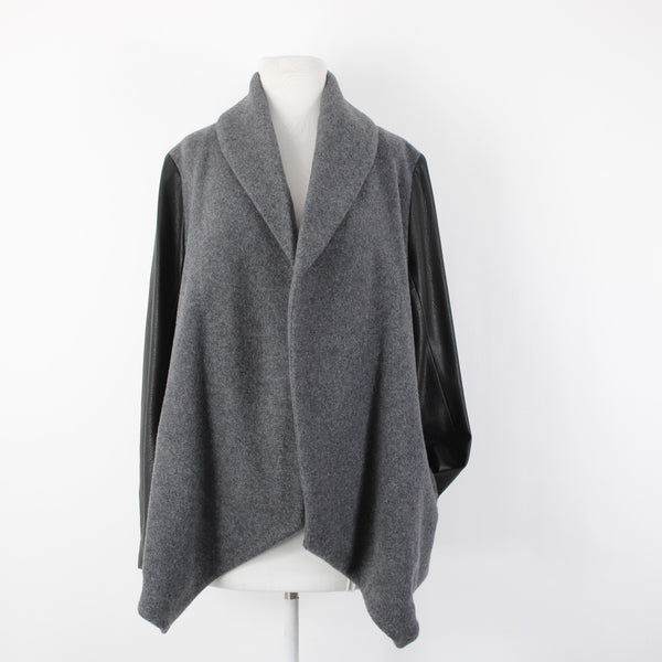 Theory Sz L Gray Black Leather Sleeves Virgin Wool Nylon Cashmere Wrap Sweater