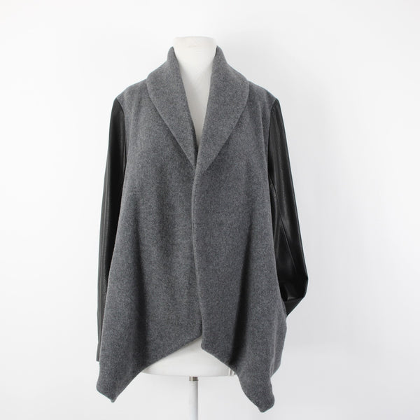 Theory Sz L Gray Black Leather Sleeves Virgin Wool Nylon Cashmere Wrap Sweater