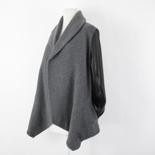 Theory Sz L Gray Black Leather Sleeves Virgin Wool Nylon Cashmere Wrap Sweater