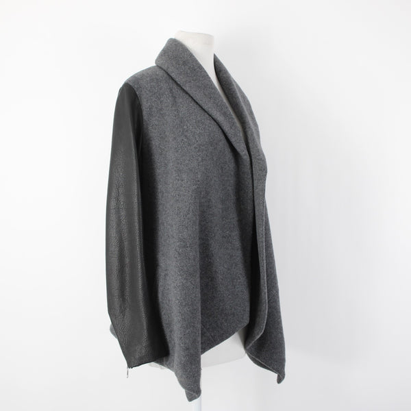 Theory Sz L Gray Black Leather Sleeves Virgin Wool Nylon Cashmere Wrap Sweater