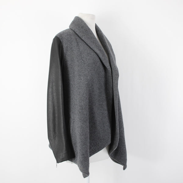Theory Sz L Gray Black Leather Sleeves Virgin Wool Nylon Cashmere Wrap Sweater