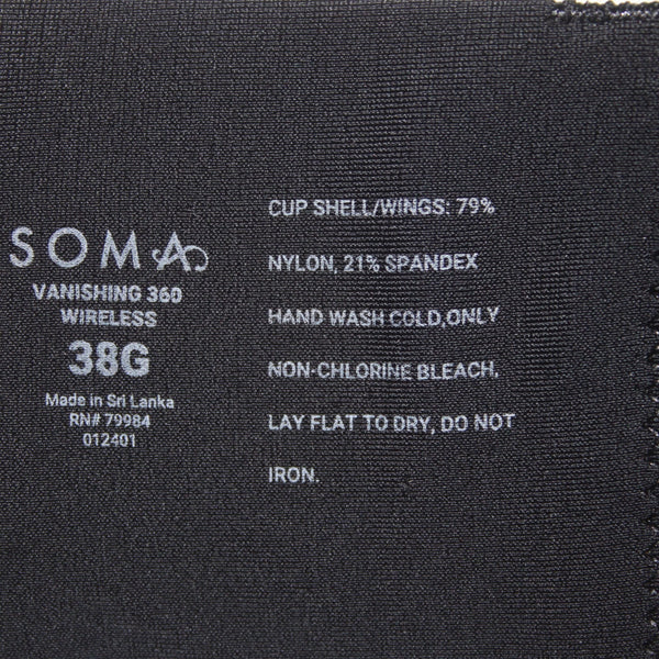 Soma Bra Vanishing 360 Sz 38G Black Wireless Slightly Padded Nylon Spandex Bra