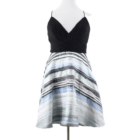 Badgley Mischka Sz 14 Black Blue Multi Striped Pocketed Lined Polyester Dress