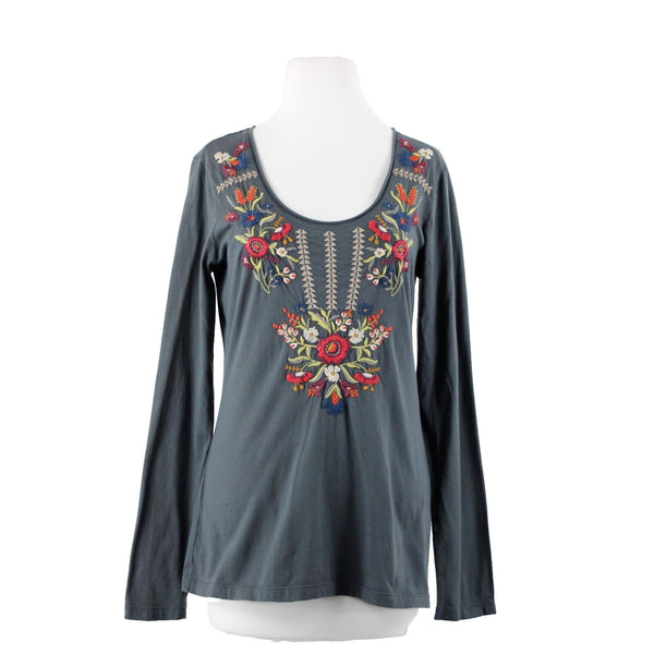 Johnny Was Sz M Gray Red Multicolor Embroidered Round Neck 100% Cotton Poly Top