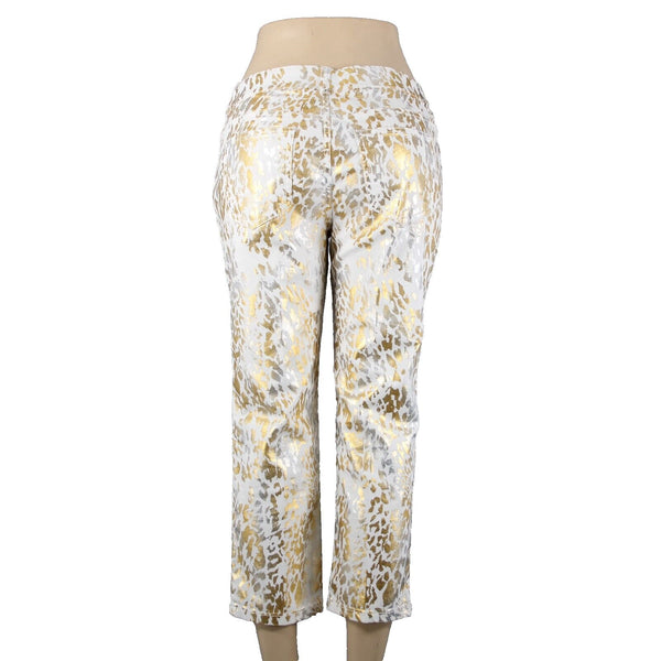 Chicos Platinum Denim Sz 0.5 x 24 White Gold Silver Animal Print Cotton Jeans