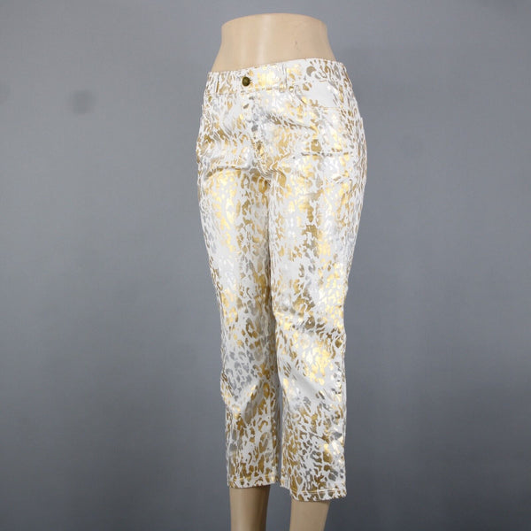 Chicos Platinum Denim Sz 0.5 x 24 White Gold Silver Animal Print Cotton Jeans