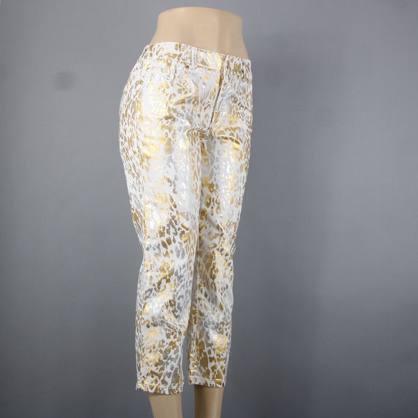 Chicos Platinum Denim Sz 0.5 x 24 White Gold Silver Animal Print Cotton Jeans