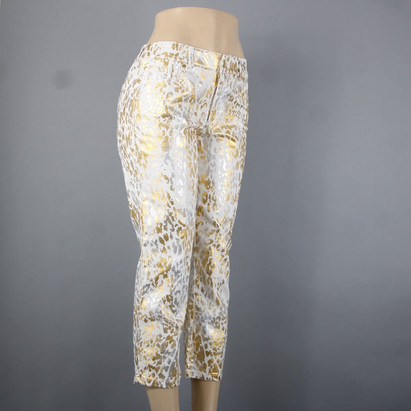 Chicos Platinum Denim Sz 0.5 x 24 White Gold Silver Animal Print Cotton Jeans