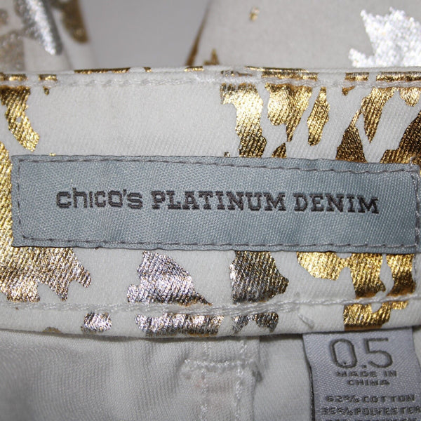 Chicos Platinum Denim Sz 0.5 x 24 White Gold Silver Animal Print Cotton Jeans