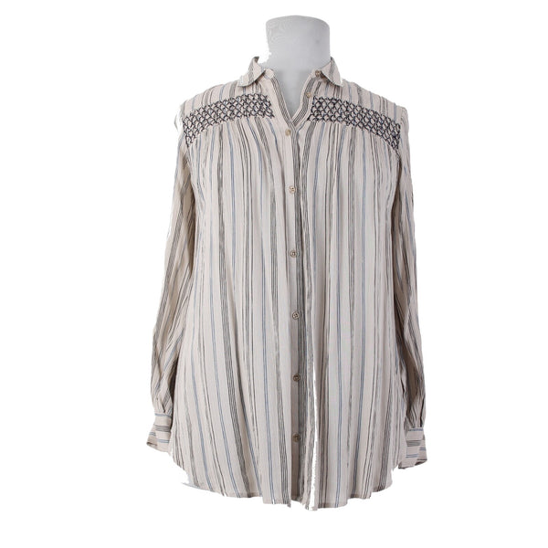 Anthropologie Top NEW Floreat Sz M Tan Black Blue Striped Boho 100% Rayon Top