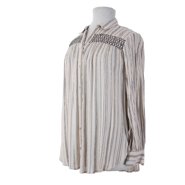 Anthropologie Top NEW Floreat Sz M Tan Black Blue Striped Boho 100% Rayon Top