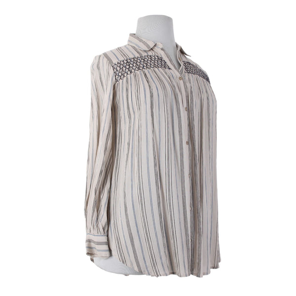 Anthropologie Top NEW Floreat Sz M Tan Black Blue Striped Boho 100% Rayon Top