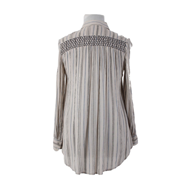 Anthropologie Top NEW Floreat Sz M Tan Black Blue Striped Boho 100% Rayon Top