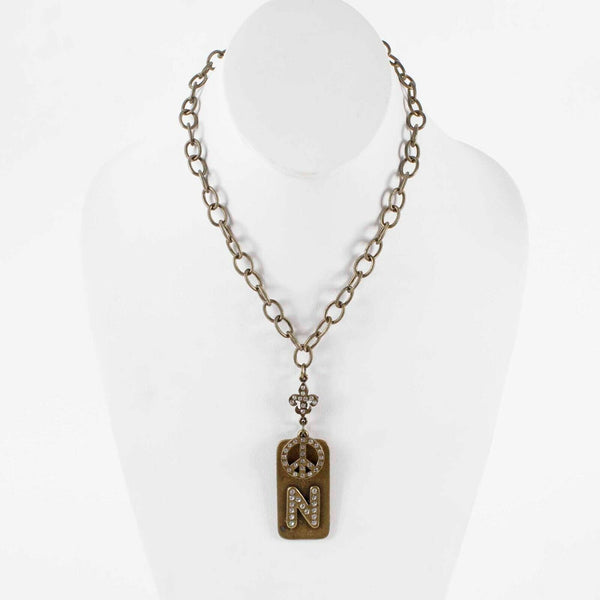SiSi Amber Sz 16.5in Brass Dog Tag Rhinestone N Charms Pendant Necklace