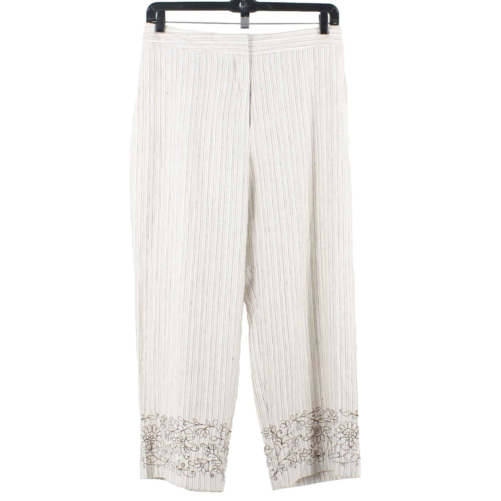 Carole Little Sz 14 X 27 Cream Brown Embroidered Pinstriped 100% Linen Pant