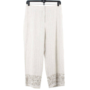 Carole Little Sz 14 X 27 Cream Brown Embroidered Pinstriped 100% Linen Pant