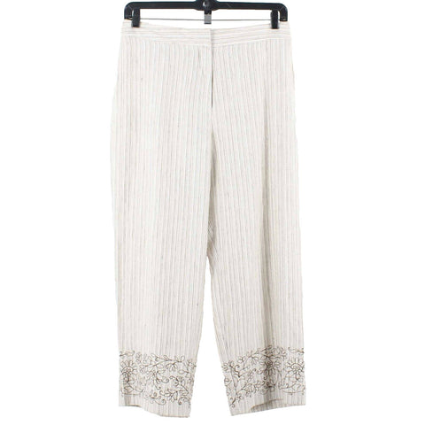 Carole Little Sz 14 X 27 Cream Brown Embroidered Pinstriped 100% Linen Pant
