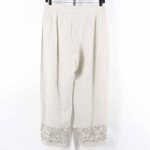 Carole Little Sz 14 X 27 Cream Brown Embroidered Pinstriped 100% Linen Pant