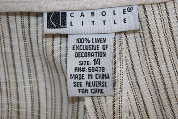 Carole Little Sz 14 X 27 Cream Brown Embroidered Pinstriped 100% Linen Pant