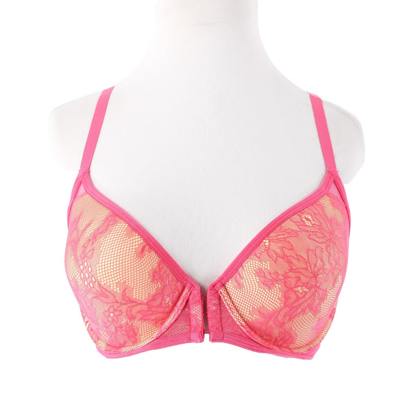 Natori Sz 34D Bright Pink Lace Yellow Lined Nylon Blend Front Closure Bra