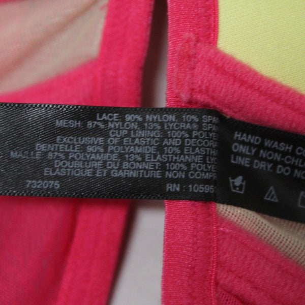 Natori Sz 34D Bright Pink Lace Yellow Lined Nylon Blend Front Closure Bra