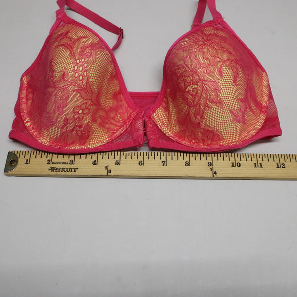 Natori Sz 34D Bright Pink Lace Yellow Lined Nylon Blend Front Closure Bra