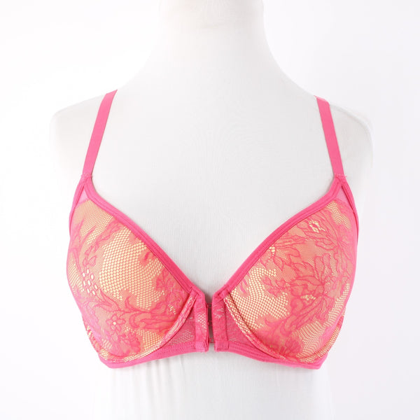 Natori Sz 34D Bright Pink Lace Yellow Lined Nylon Blend Front Closure Bra