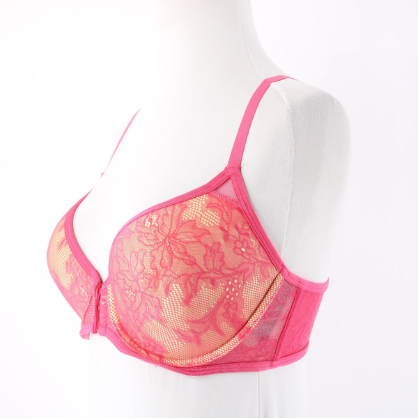 Natori Sz 34D Bright Pink Lace Yellow Lined Nylon Blend Front Closure Bra