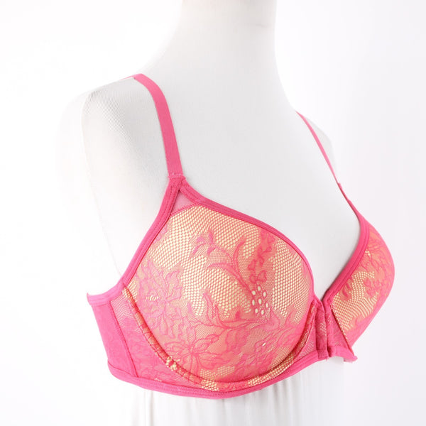 Natori Sz 34D Bright Pink Lace Yellow Lined Nylon Blend Front Closure Bra