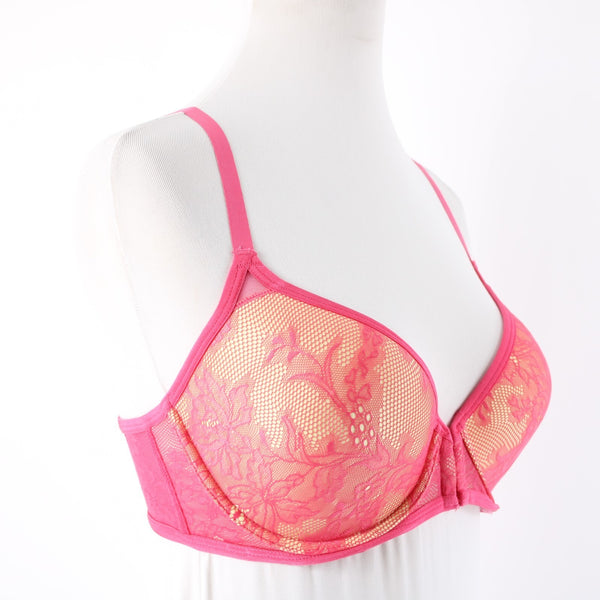 Natori Sz 34D Bright Pink Lace Yellow Lined Nylon Blend Front Closure Bra