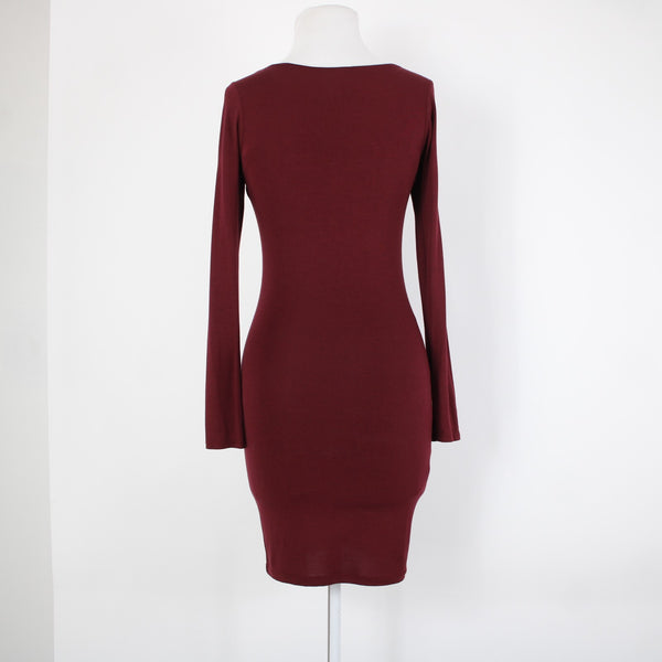 Lulu's Sz XS Burgundy Red Long Sleeve Low Neck Rayon Spandex Dress