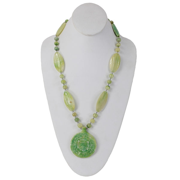 Green Opal Necklace Green Opal Carved Inca Sun God 25" Necklace