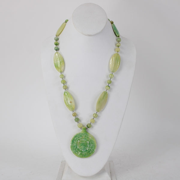 Green Opal Necklace Green Opal Carved Inca Sun God 25" Necklace